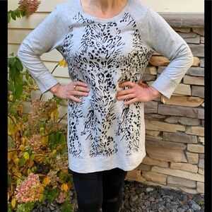 NWT Style & Co Sport Grey Black Petals 100% Cotton Long Sweater, Med